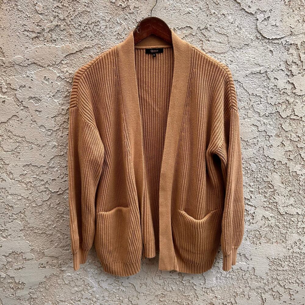 Quince Oversized Ribbed Cotton Open Front Cardigan Sweater Pockets M